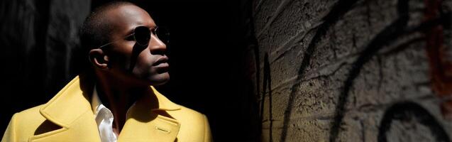 A man in a yellow coat and sunglasses photo