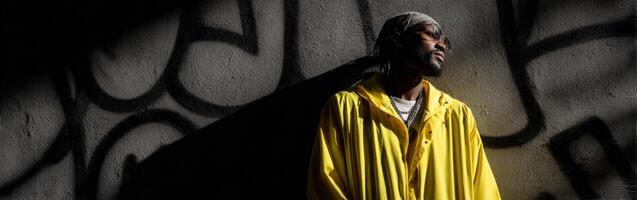 A man in a yellow raincoat leaning against a wall photo