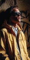 A young man in a yellow jacket and sunglasses photo