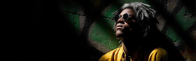 A man with dreadlocks and sunglasses leaning against a wall photo