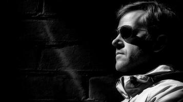 A man in sunglasses standing against a brick wall photo