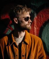 A man with a beard and sunglasses standing in front of graffiti photo