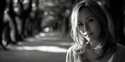 A woman is standing in a park with trees photo