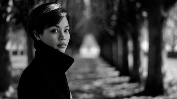 A woman in black coat standing in a park photo