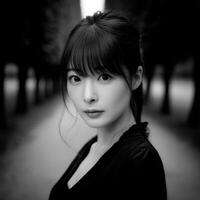 A black and white photo of a woman in a park