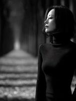A woman in black and white standing in a forest photo