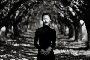 A woman in black and white standing in an orchard photo