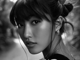 A black and white photo of a woman with a ponytail