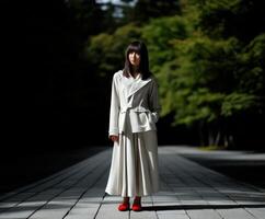 A woman in a white coat and skirt standing on a paved path photo