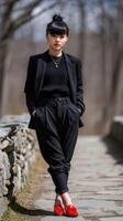 A woman in black suit and red shoes standing on a stone path photo