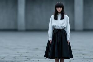 Young woman in a black skirt and white blouse stands alone in a modern outdoor setting photo