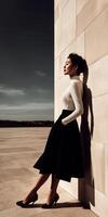 Elegant woman poses against a textured wall in a stylish outfit during daylight photo