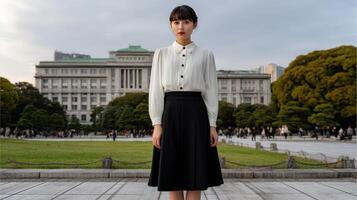 Woman in a black skirt and white blouse stands in a park near a historic building during the evening photo