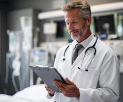 Doctor reviews patient information in a modern hospital setting photo