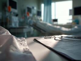 Medical environment featuring a stethoscope and paperwork in a hospital setting photo
