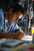 Medical professional takes notes during a patient care session in a hospital photo