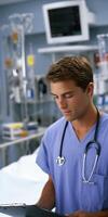 Young healthcare professional reviewing patient records in a hospital setting photo