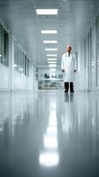 Doctor standing alone in a hospital corridor during daytime hours photo