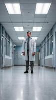 Doctor dressed in white coat stands confidently in hospital corridor during daytime photo