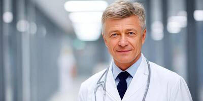 Medical professional in a hospital corridor smiling confidently during the day photo