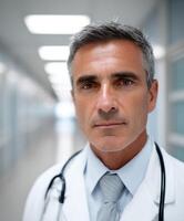 Healthcare professional in a hospital corridor during working hours photo