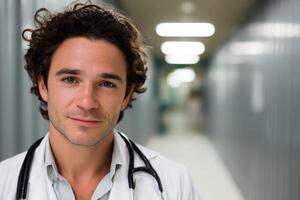 Doctor smiling confidently in hospital corridor during daytime photo