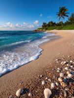 Waves gently crash on a sandy beach with shells under a clear sky photo
