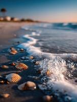 Seashells scattered along the shore with gentle waves at sunset photo