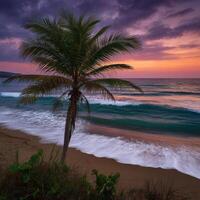 Serenity of a tropical beach at sunset with gentle ocean waves photo