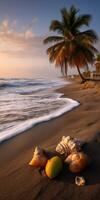 Beautiful beach at sunset with shells and palm trees along the shore photo