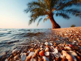 Calm waves gently lap at a beach covered with seashells near palm trees at sunset photo