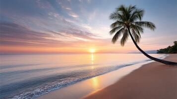 Stunning sunset over calm ocean with palm tree on serene beach photo