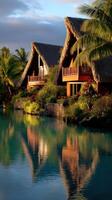Tropical bungalows reflect on a serene lagoon during sunset in a paradise resort photo