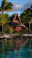 Luxury beachfront bungalow surrounded by tropical palm trees at sunset photo