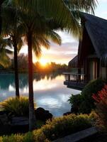 Beautiful sunset reflecting on calm water by tropical resort in the evening photo