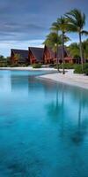 Relaxing moments by the tranquil lagoon with rustic lodges and palm trees photo