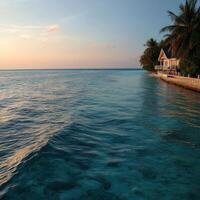 Tranquil sunset over clear waters with palm-lined shore near a beach house photo
