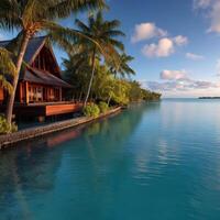 Serene waterfront villa surrounded by palm trees under a clear sky photo