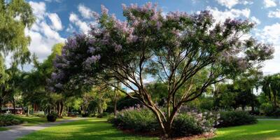 Vibrant purple flowering tree in a lush park during sunny afternoon photo