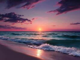 Sunset over the serene ocean waves at the beach during dusk photo