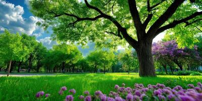 Sunlight filters through vibrant green trees in a serene park during spring photo