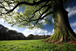 Majestic tree stands tall in a lush green meadow under a bright sky photo