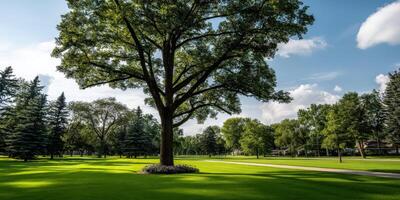 Vibrant park landscape featuring a large tree under a sunny sky with lush grass photo