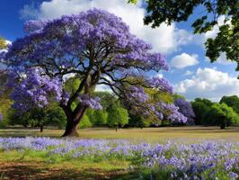 Tall flowering tree with purple blossoms in a lush green landscape under fluffy clouds photo