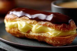 Delicious chocolate eclair filled with creamy custard on a plate photo