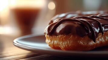 Delicious chocolate glazed donut resting on a plate with warm beverage nearby photo