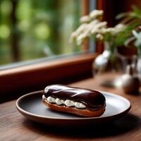 Freshly made eclair with chocolate glaze on a wooden table by a window filled with natural light photo