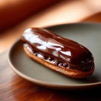 Delicious chocolate eclair served on a rustic plate in a cozy cafe setting photo