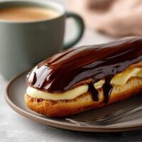 Delicious chocolate eclair served with steaming coffee in a cozy setting photo