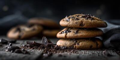 Soft baked chocolate chip cookies stacked on a rustic wooden table photo